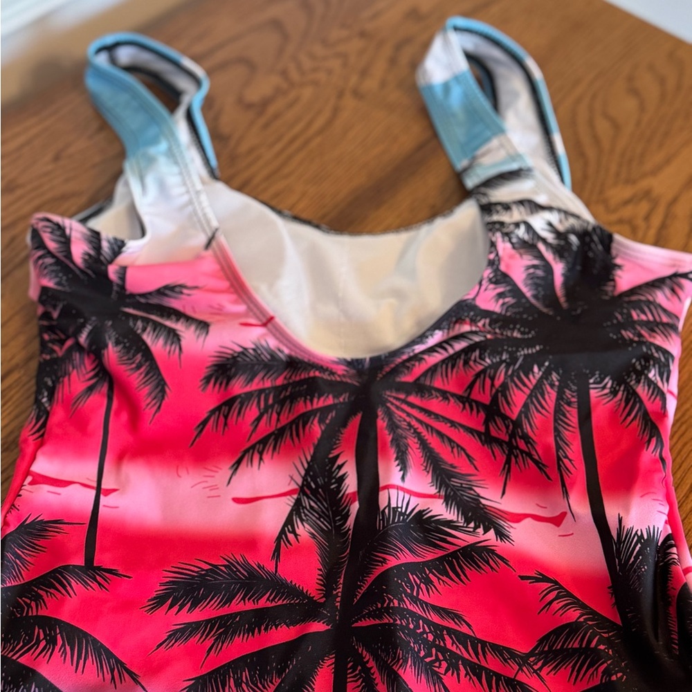 SHEIN BRAND, Women’s Sz (S) One-Piece Tropical Palm Tree Swimsuit - Pink & Blue - Picture 6 of 10